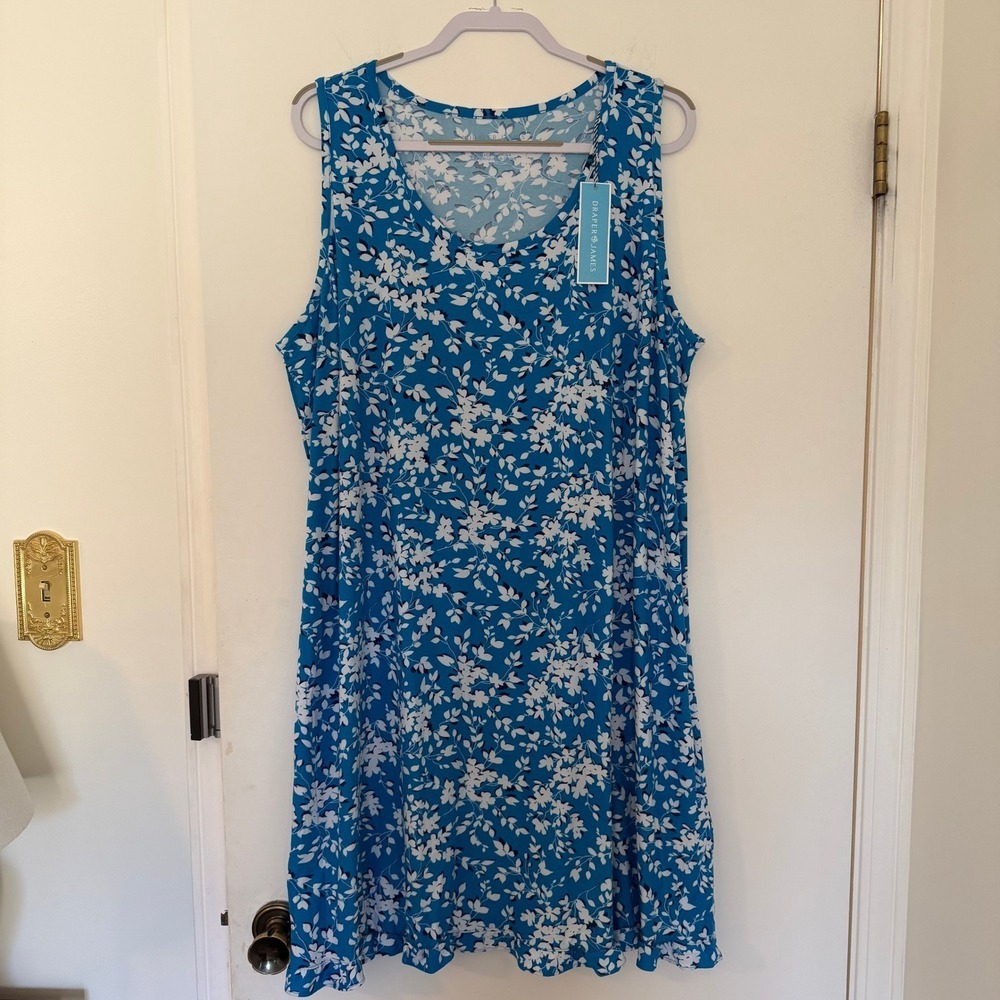 Draper‎ James Blue Floral Sleeveless V Neck Casual Mini Dress Plus Size XXL XXXL